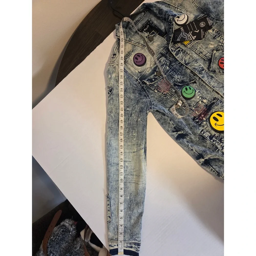 NEW WITH TAGS  Reason Clothing Smiley Face Multi-Pocket Distressed Denim Jacket